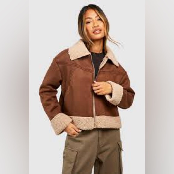 NWT; Boohoo SUEDETTE BORG TRIM AVIATOR JACKET🌟 - Picture 8 of 9